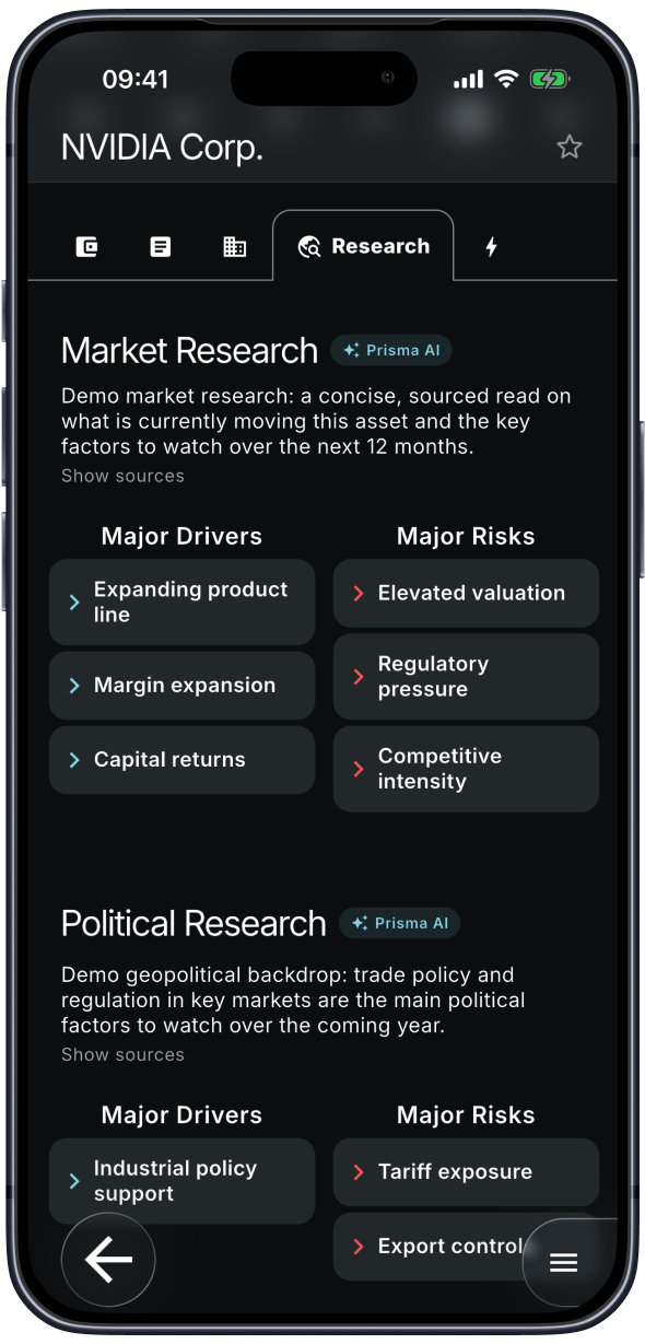 Prisma AI research view for NVIDIA showing market and political drivers and risks