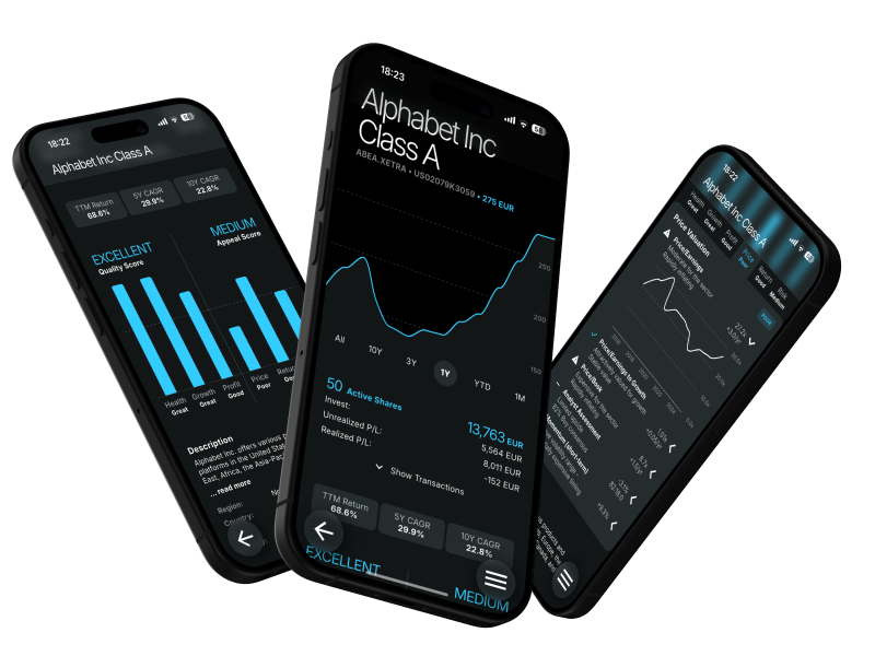 Stock fundamental analysis with P/E ratio, quality scores, and price charts